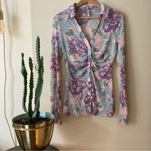 Free People Lucky Shirtee Slinky Ruched Mesh Button Down in Floral Print
